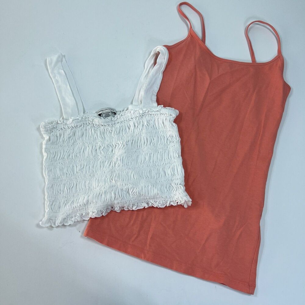 Lot of 2 American Eagle Crop Top XS White Sleeveless Smocked + Forever 21 Peach